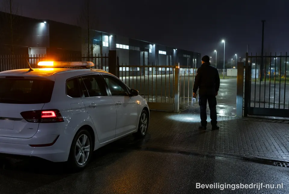 Surveillanceauto 's avonds bij een bedrijventerrein
